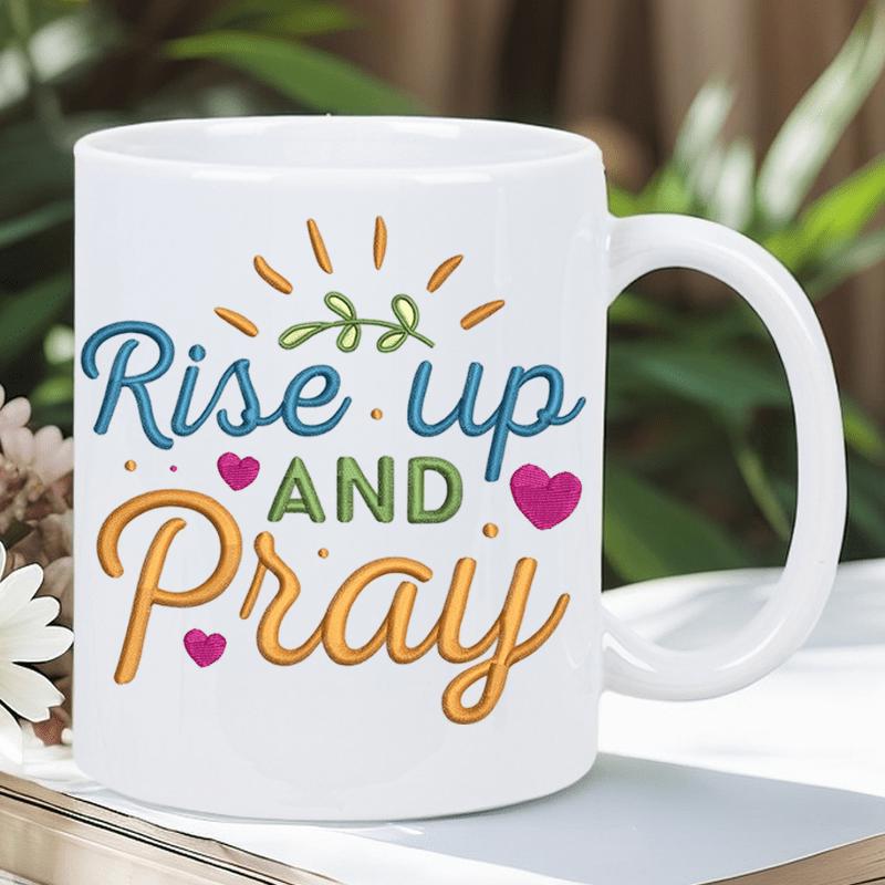 Tailorly White Ceramic 11 oz Mug - Rise Up And Pray Inspirational Religious Text With Sun And Hearts Heart