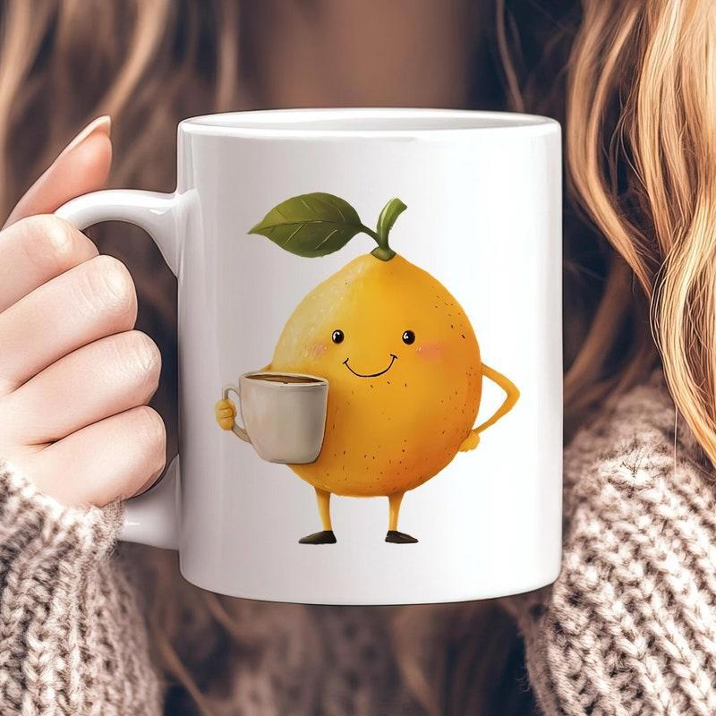 Tailorly White Ceramic 11 oz Mug - Adorable Smiling Yellow Lemon Character Holding Small Coffee Cup Beside Green Leaf Lemon