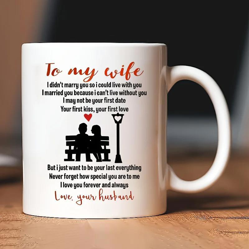 Tailorly White Ceramic 11 oz Mug - To My Wife Love Your Husband Romantic Couple Sitting On Park Bench Under Glowing Streetlamp Silhouette