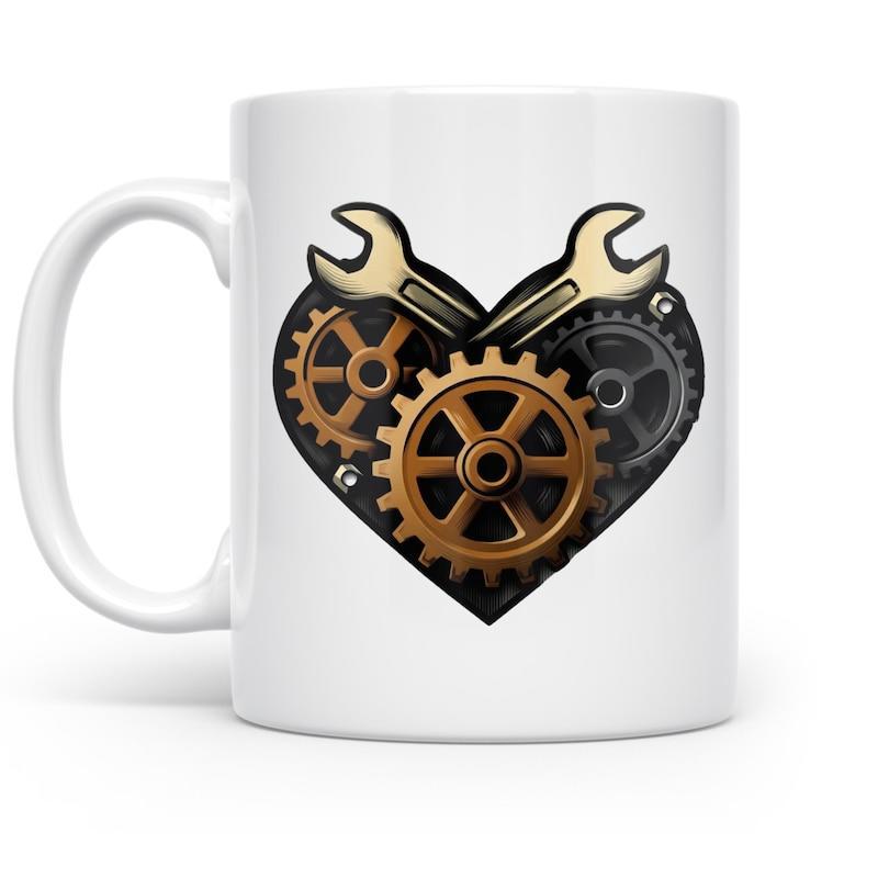 Tailorly White Ceramic 11 oz Mug - Mechanical Gears And Crossed Wrenches Arranged In A Steampunk Style Heart