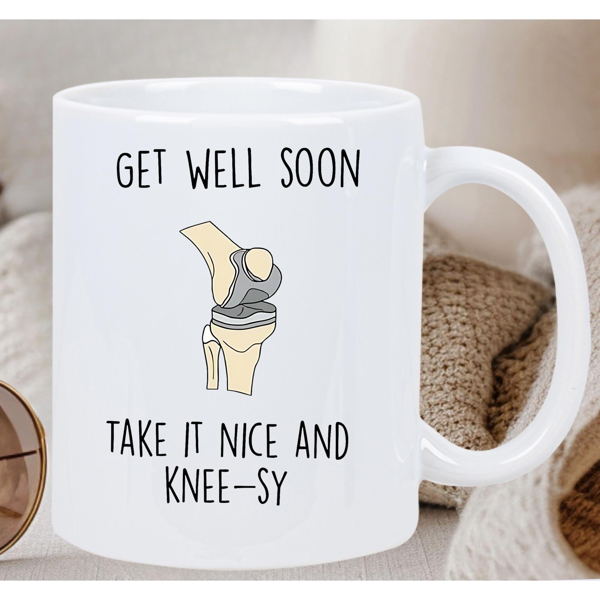 Tailorly White Ceramic 11 oz Mug - Get Well Soon Take It Nice And Knee-sy Minimalist Human Anatomical Bone Structure For Joint Health Support Knee