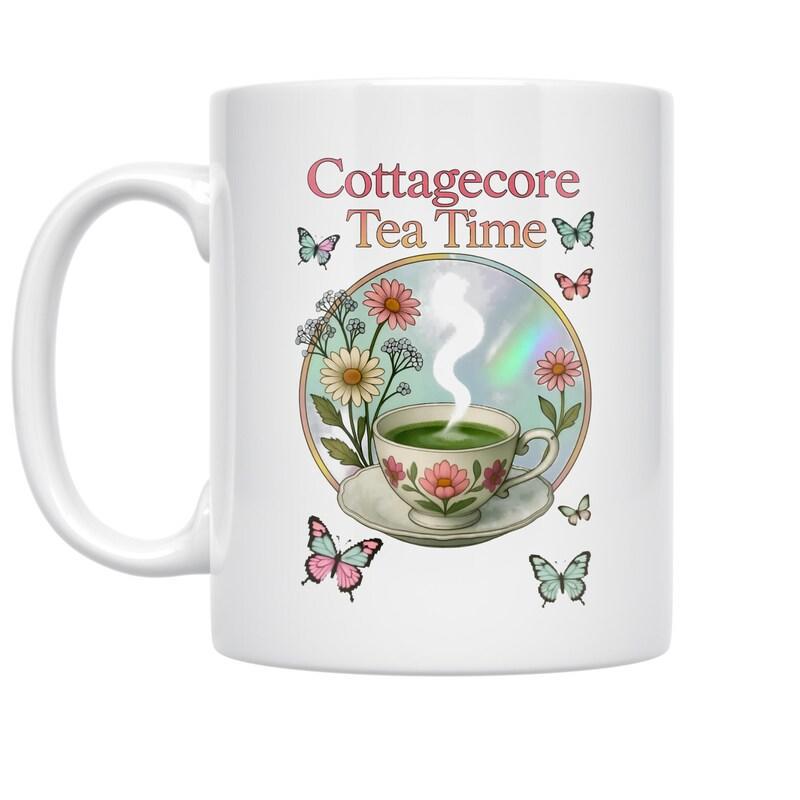 Tailorly White Ceramic 11 oz Mug - Cottagecore Tea Time Whimsical Vintage Garden Flowers With Colorful Butterflies And Steaming Herbal Teacup