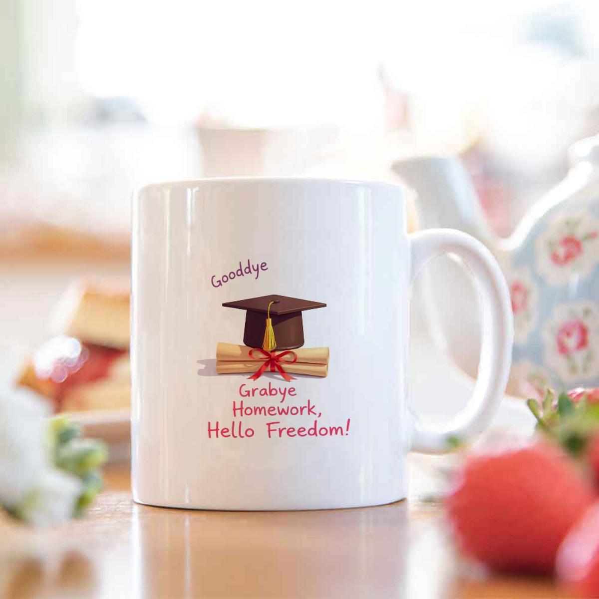 Tailorly White Ceramic 11 oz Mug - Goodbye Homework Hello Freedom Classic Academic Mortarboard Resting Above A Rolled Red Ribbon Parchment Cap
