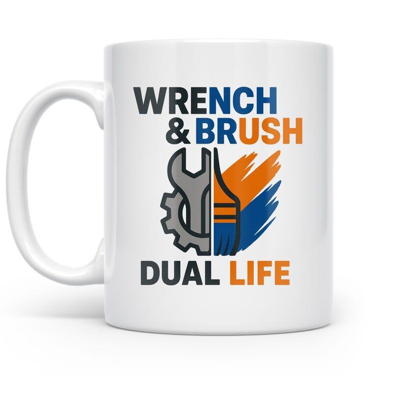 Tailorly White Ceramic 11 oz Mug - Wrench Brush Dual Life Industrial Gear And Wrench Combined With Artistic Colorful Paint Strokes Mug