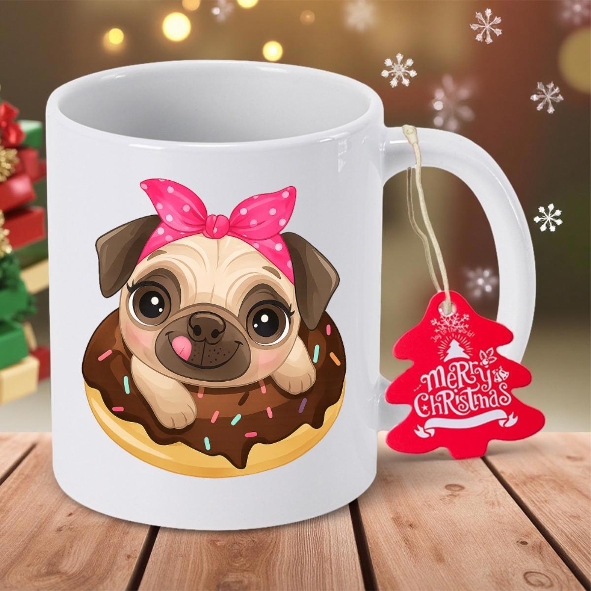 Tailorly White Ceramic 11 oz Mug - Merry Christmas Adorable Cartoon Puppy Wearing Pink Polka Dot Bow Inside Chocolate Donut Pug