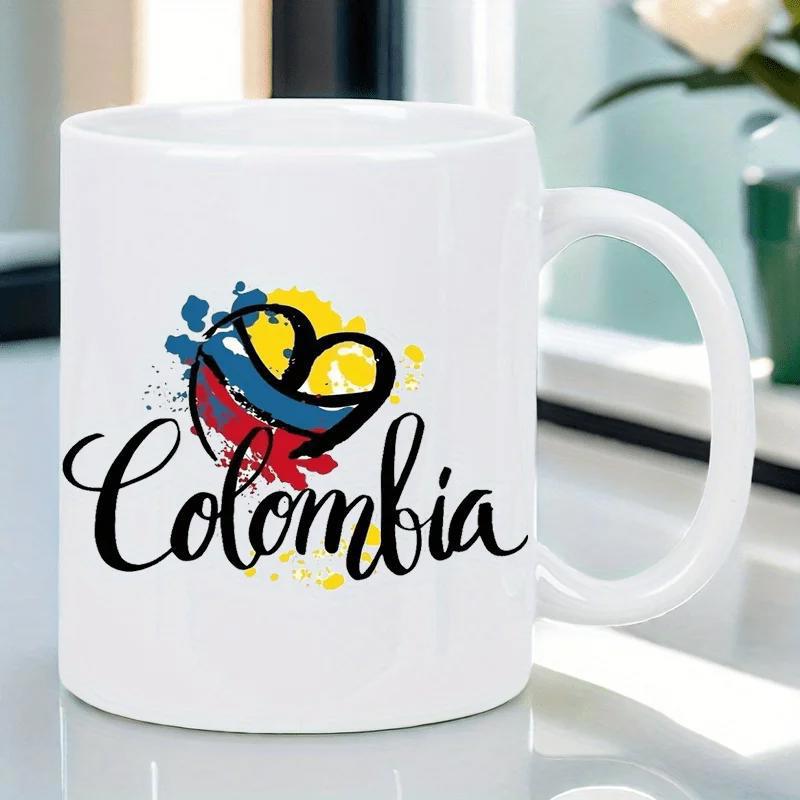 Tailorly White Ceramic 11 oz Mug - Colombia Patriotic Flag Colors With Artistic Paint Splatters And Elegant Script Heart