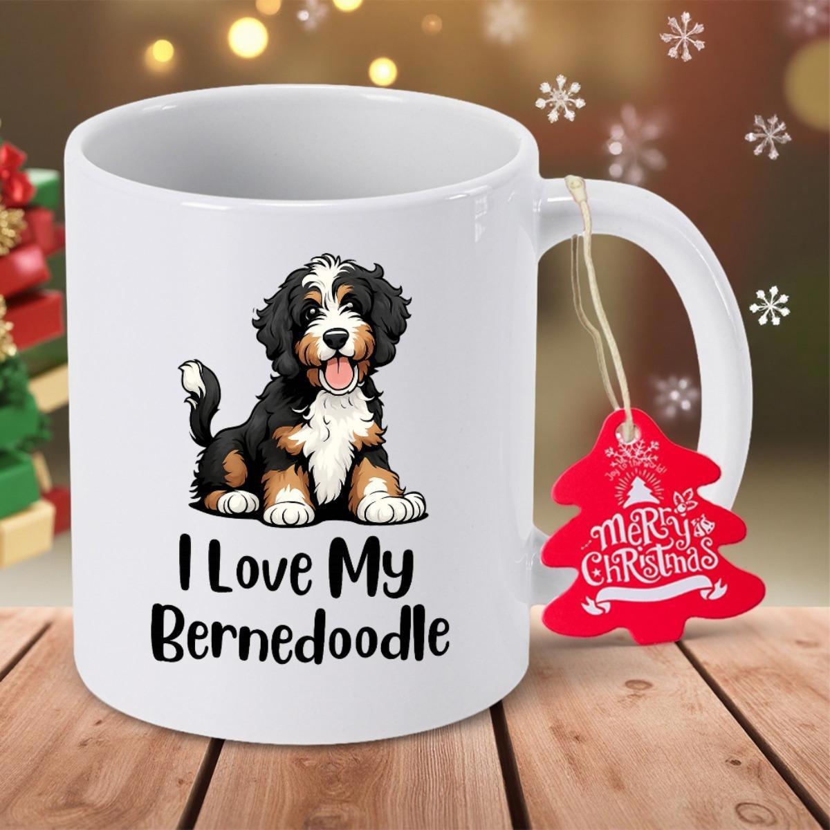Tailorly White Ceramic 11 oz Mug - I Love My Bernedoodle Merry Christmas Cute Cartoon Puppy Sitting Peacefully With Fluffy Black And White Fur Bernedoodle