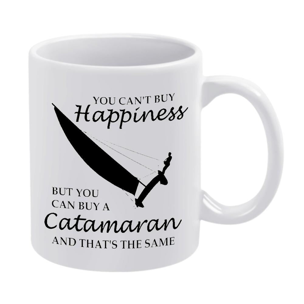 Tailorly White Ceramic 11 oz Mug - You Cant Buy Happiness But You Can Buy A Catamaran And Thats The Same Sleek Black Silhouette Sailing Gracefully Across Vast Open