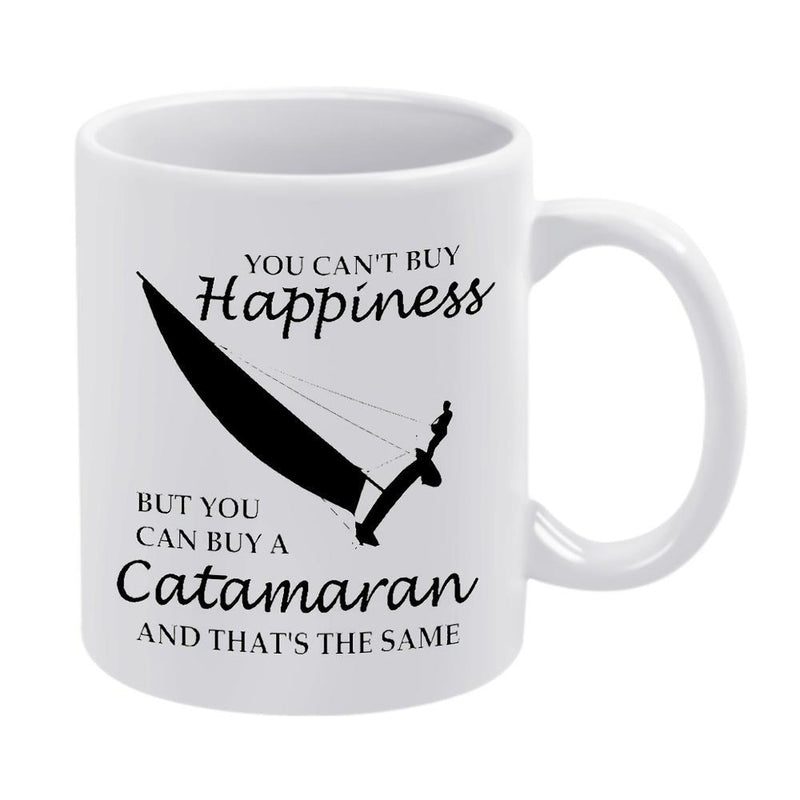 Tailorly White Ceramic 11 oz Mug - You Cant Buy Happiness But You Can Buy A Catamaran And Thats The Same Sleek Black Silhouette Sailing Gracefully Across Vast Open