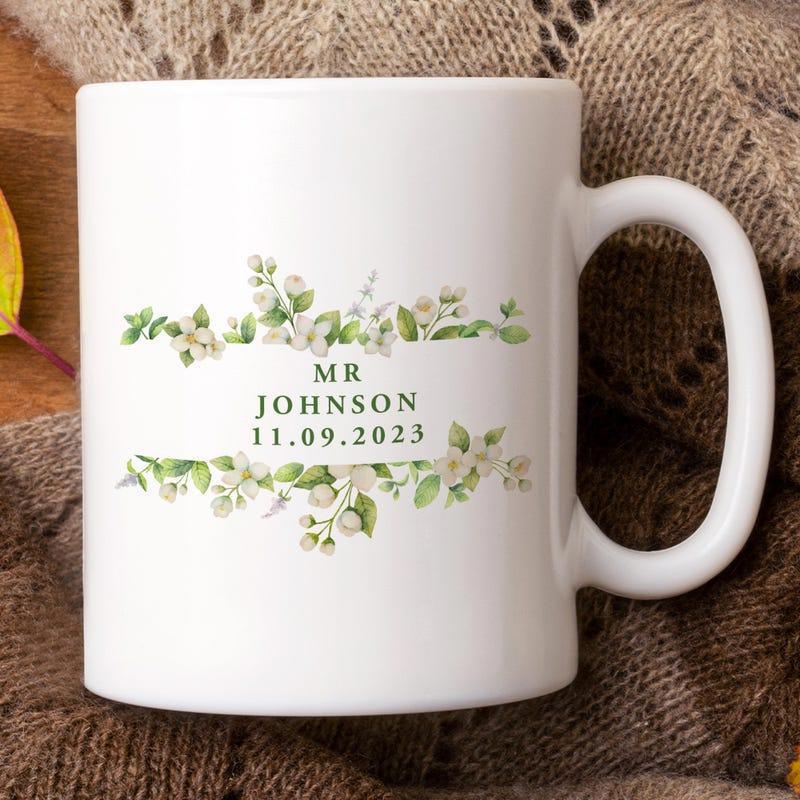 Tailorly White Ceramic 11 oz Mug - Mr Johnson 11.09.2023 Elegant Watercolor Green Leaves With Delicate White Flowers Mug