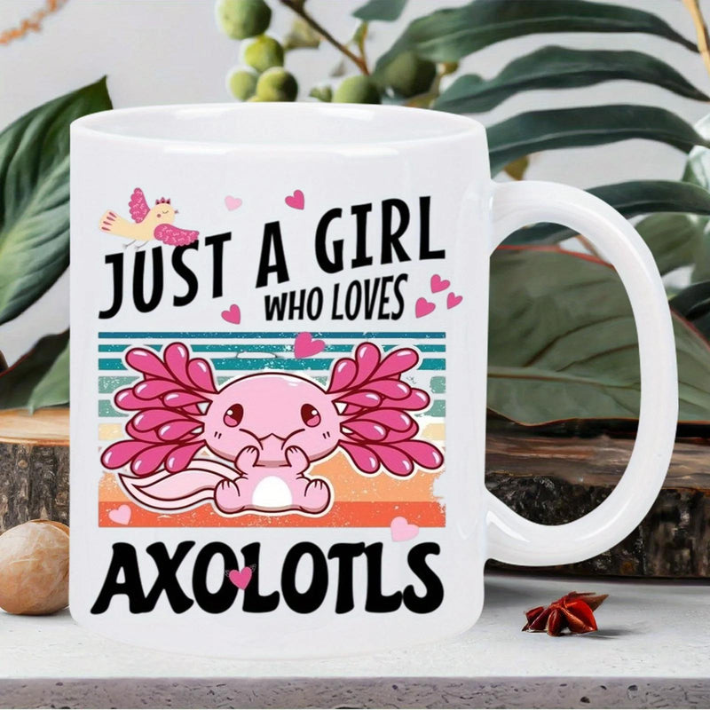 Tailorly White Ceramic 11 oz Mug - Just A Girl Who Loves Axolotls Cute Pink Cartoon Creature Sitting Before A Vintage Retro Sunset Backdrop Axolotl