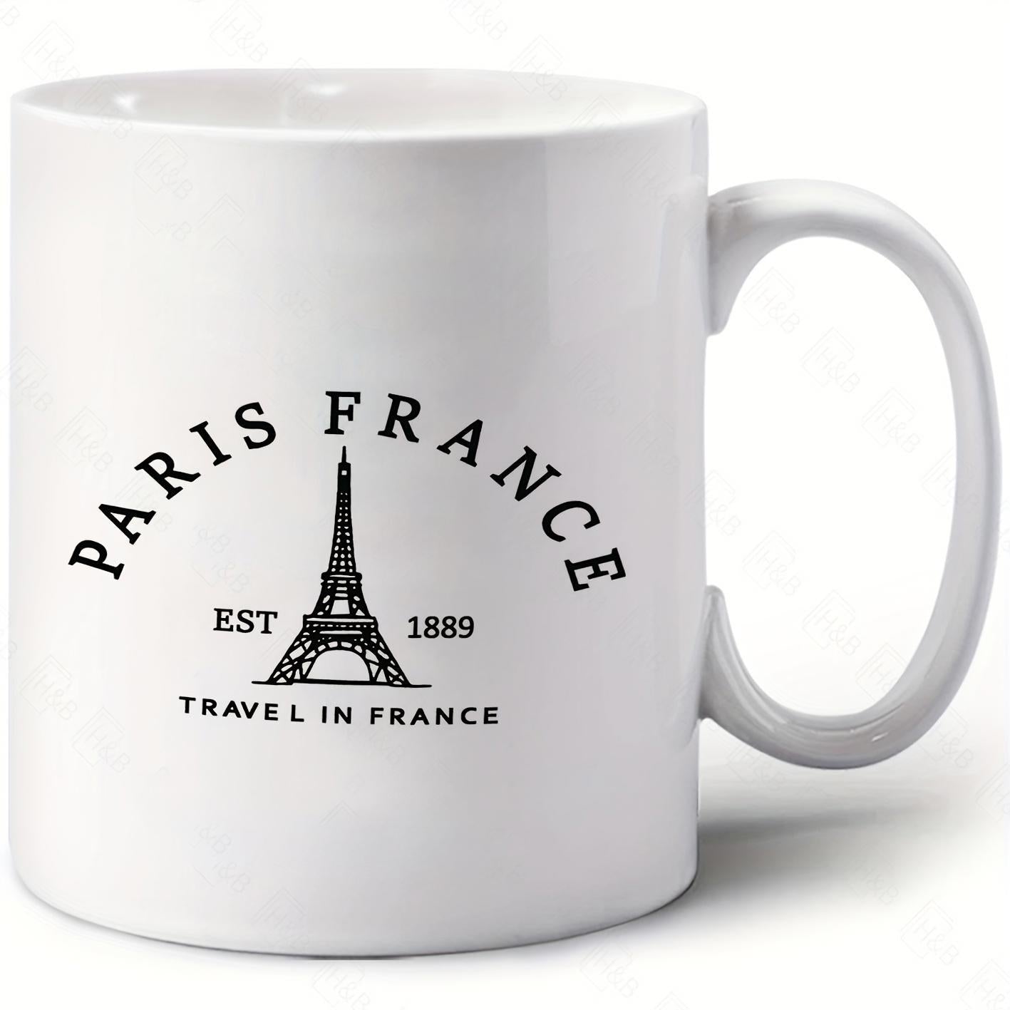 Tailorly White Ceramic 11 oz Mug - Paris France Est 1889 Travel In France Iconic Landmark Silhouette Standing Tall With Vintage Decorative Typography Elements