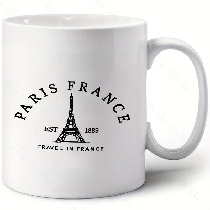 Tailorly White Ceramic 11 oz Mug - Paris France Est 1889 Travel In France Iconic Landmark Silhouette Standing Tall With Vintage Decorative Typography Elements
