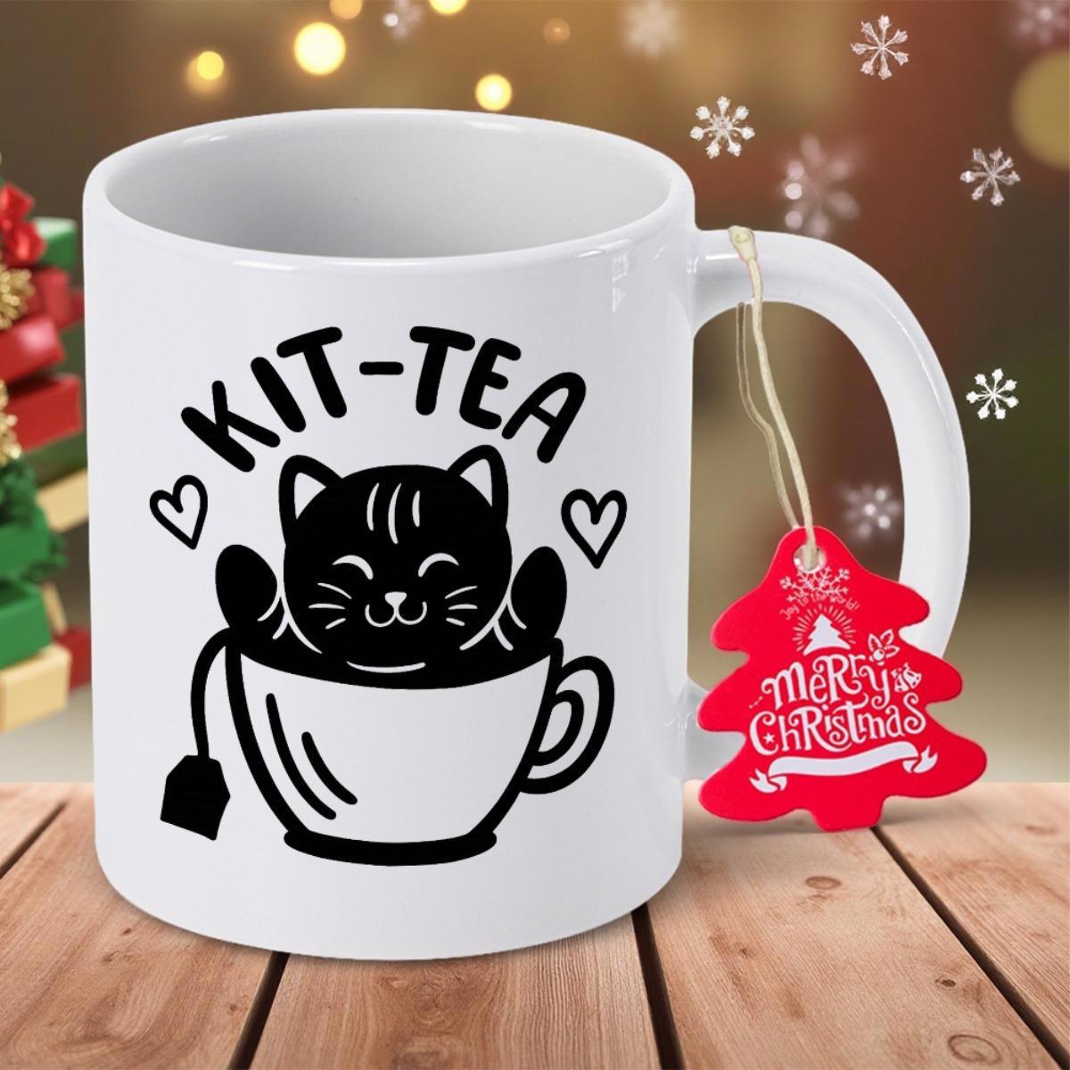 Tailorly White Ceramic 11 oz Mug - Kit Tea Adorable Smiling Black Feline Inside A Ceramic Cup With Hearts Cat