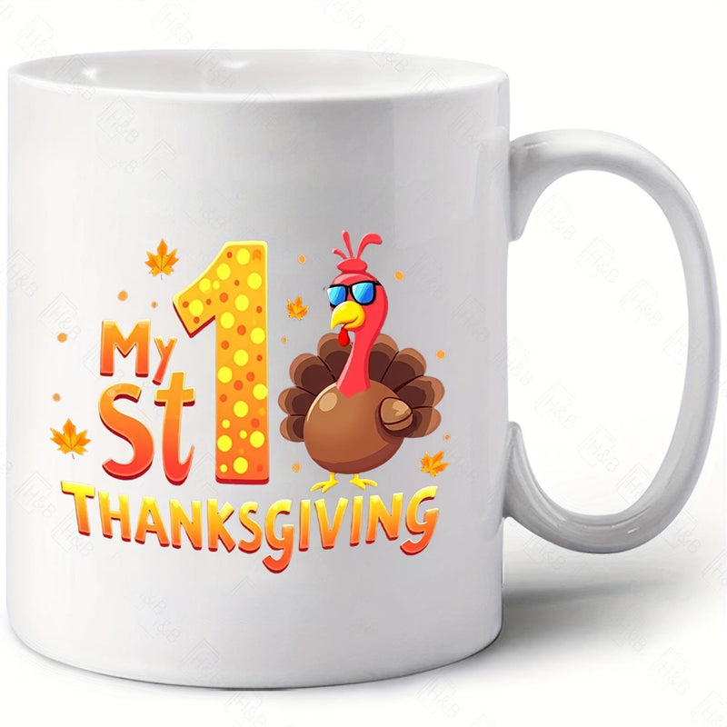 Tailorly White Ceramic 11 oz Mug - My 1st Thanksgiving Wearing Stylish Blue Sunglasses Surrounded By Small Falling Autumn Leaves Turkey