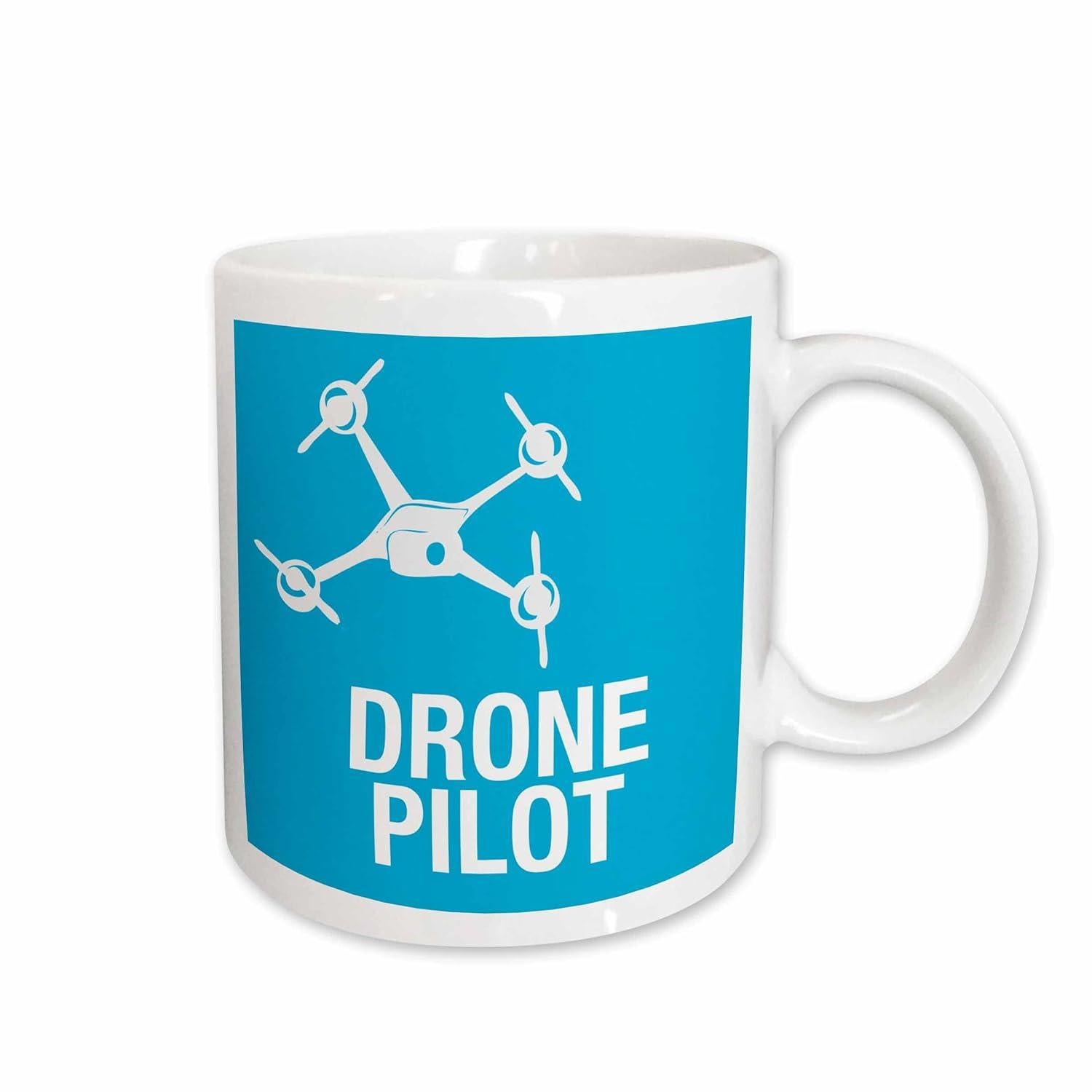 Tailorly White Ceramic 11 oz Mug - Drone Pilot Modern White Quadcopter Hovering In A Blue Geometric Square Drone