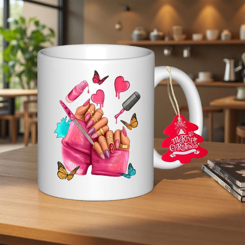 Tailorly White Ceramic 11 oz Mug - Vibrant Fashionable Hands With Elegant Butterflies Among Pink Hearts And Polish Manicure
