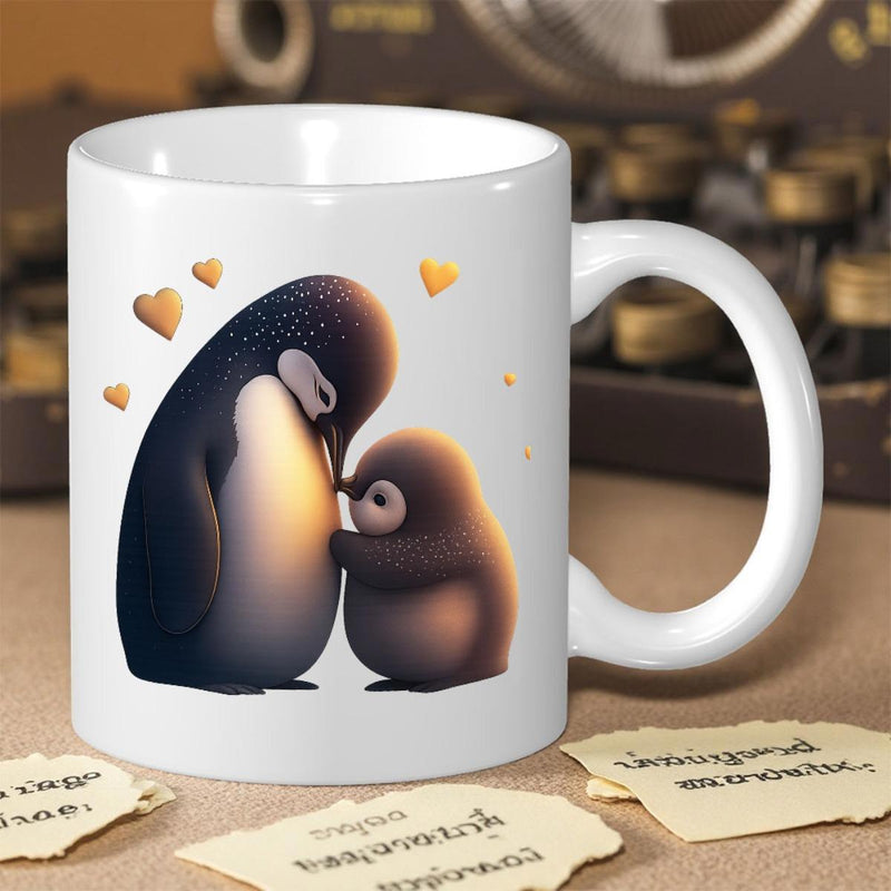 Tailorly White Ceramic 11 oz Mug - Two Cute Penguins Sharing A Warm Embrace Under Floating Golden Hearts Penguin