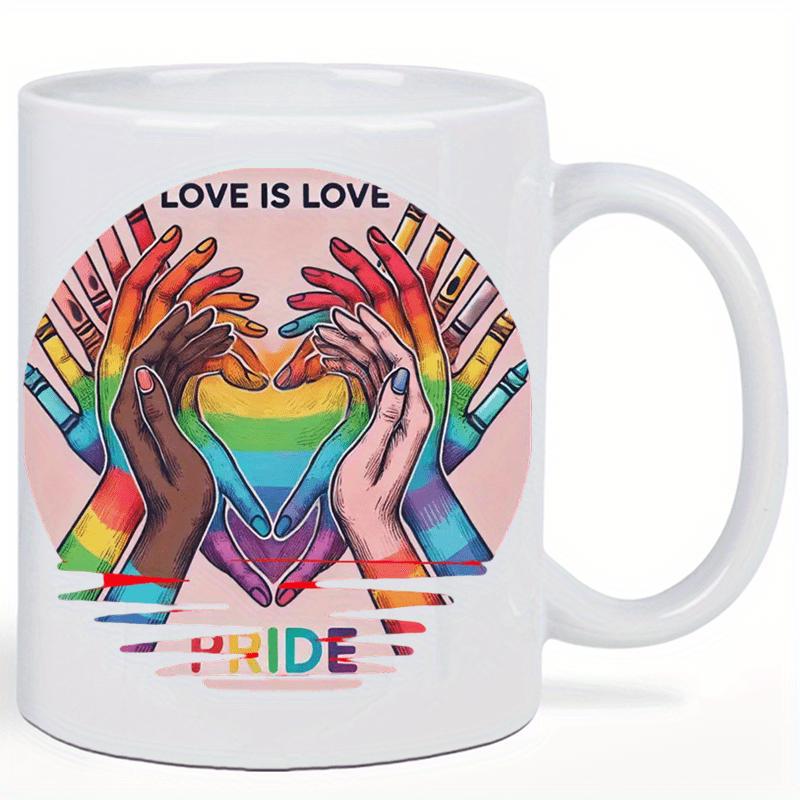 Tailorly White Ceramic 11 oz Mug - Love Is Love Pride Colorful Rainbow Hands Forming A Heart Within A Vibrant Circle Background Pattern Mug