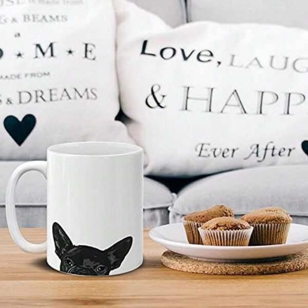 Tailorly White Ceramic 11 oz Mug - Curious Black Frenchie Peeking From The Bottom Edge Of Pure White Ceramic Dog