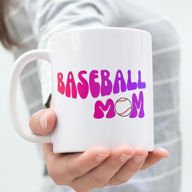 Tailorly White Ceramic 11 oz Mug - Baseball Mom Retro Groovy Gradient Lettering Featuring A Classic White Sporty Patterned Baseball