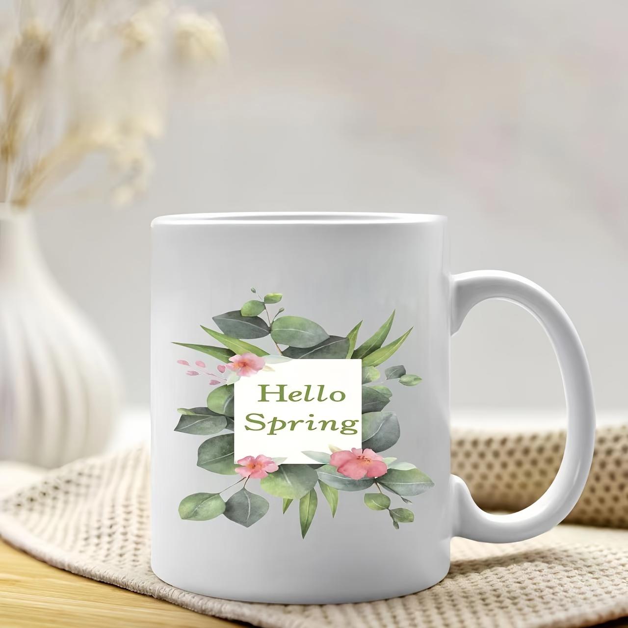 Tailorly White Ceramic 11 oz Mug - Hello Spring Watercolor Style Green Leaves With Soft Pink Blossoms In A Garden Mug