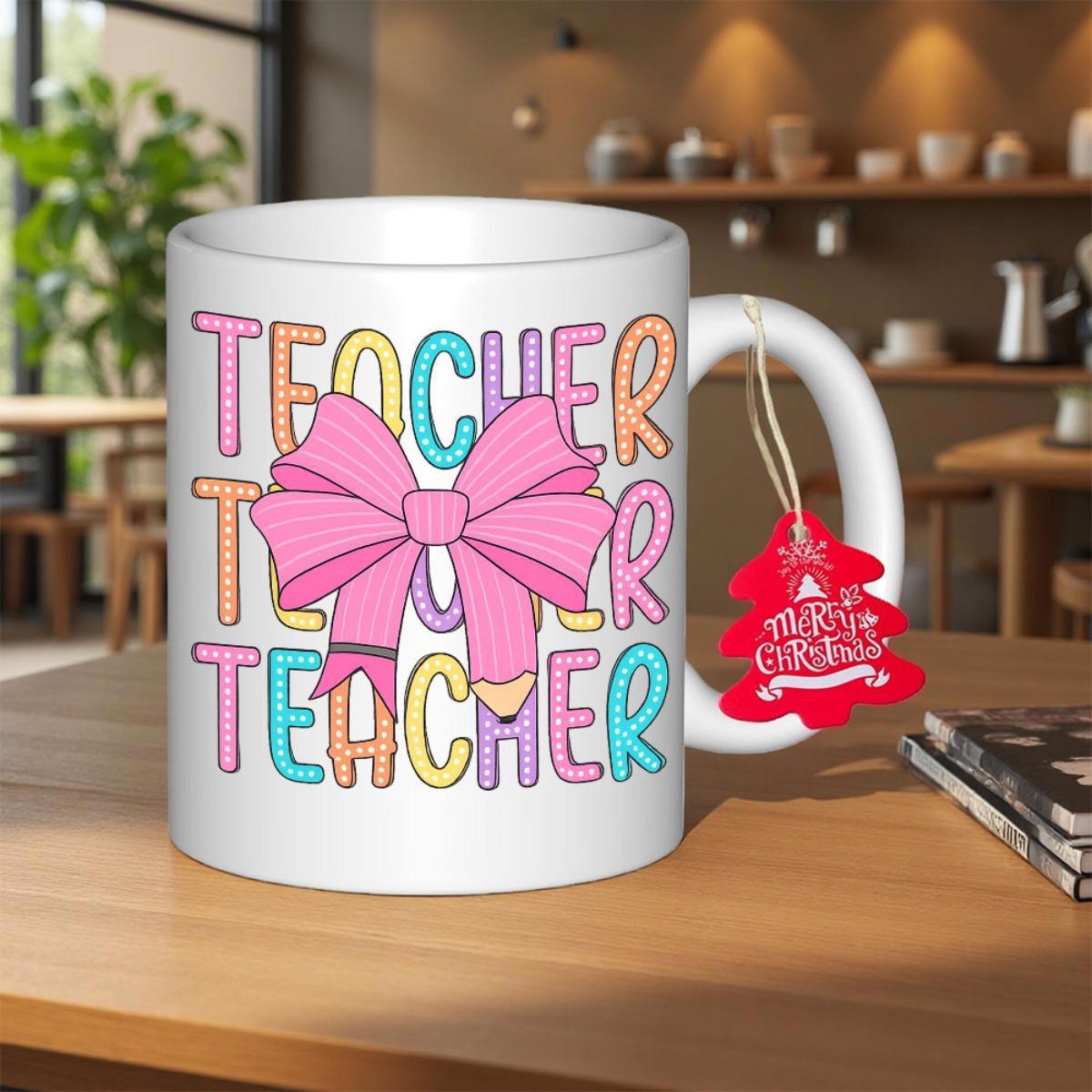 Tailorly White Ceramic 11 oz Mug - Teacher Merry Christmas Colorful Hand Drawn Letters With A Pink Pencil Ribbon Mug