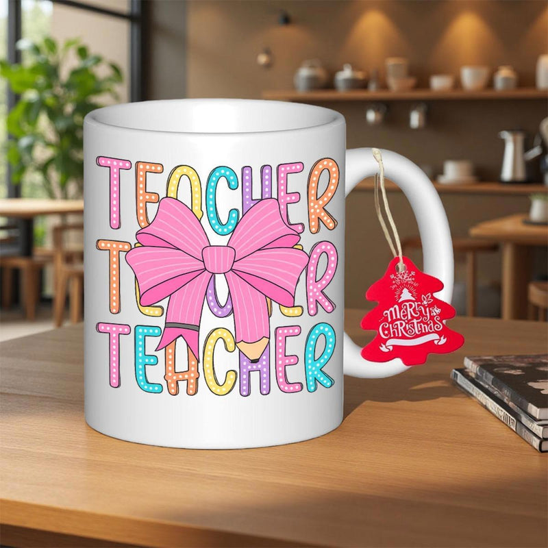 Tailorly White Ceramic 11 oz Mug - Teacher Merry Christmas Colorful Hand Drawn Letters With A Pink Pencil Ribbon Mug