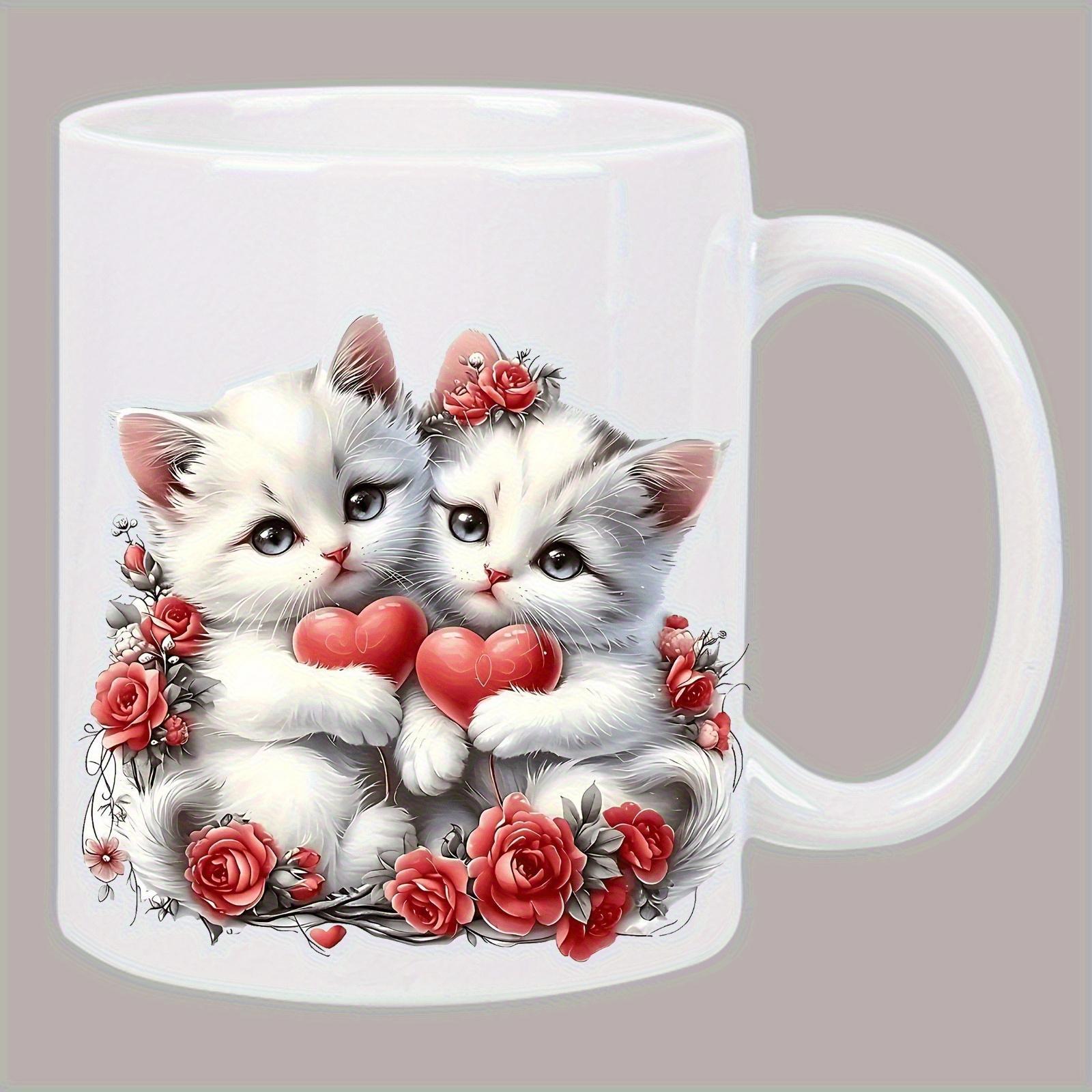 Tailorly White Ceramic 11 oz Mug - Two Fluffy White Kittens Holding Red Hearts Surrounded By Red Roses Kitten