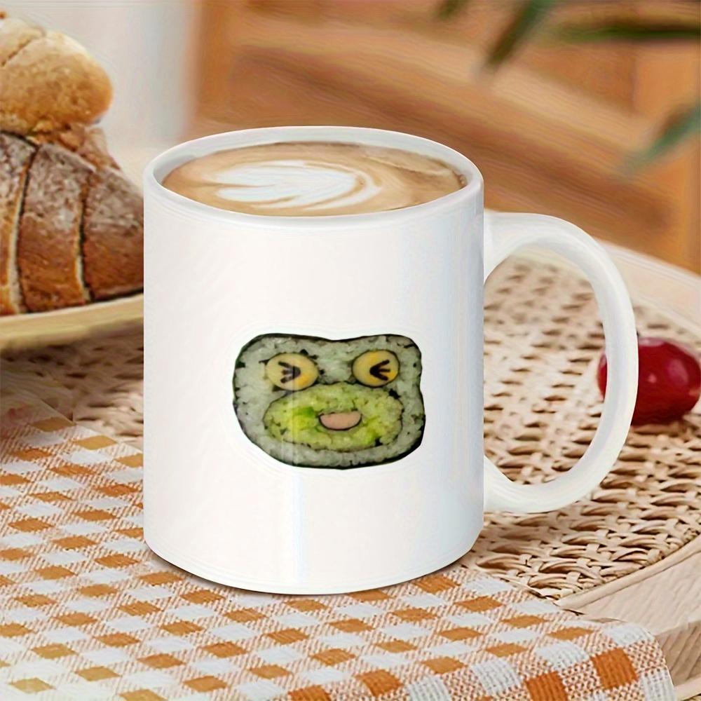 Tailorly White Ceramic 11 oz Mug - Adorable Decorative Sushi Roll Shaped Like A Smiling Green Frog Sushi