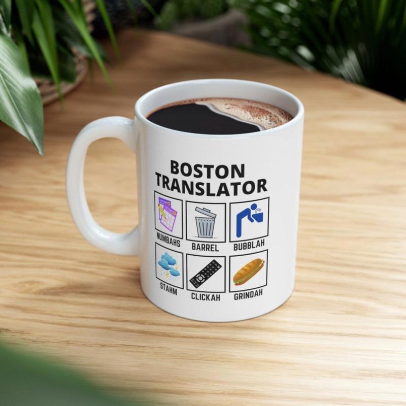 Tailorly White Ceramic 11 oz Mug - Boston Translator Six Minimalist Icons Representing Regional Dialect Terms Inside Square Boxes Translator