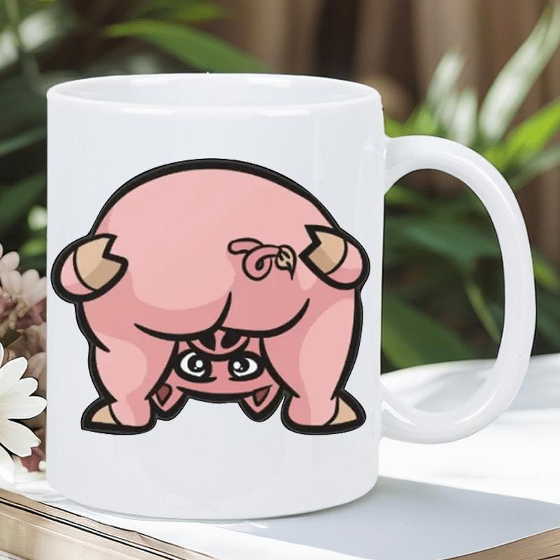 Tailorly White Ceramic 11 oz Mug - Funny Pink Cartoon Animal Peeking Through Legs In Humorous Playful Pose Pig