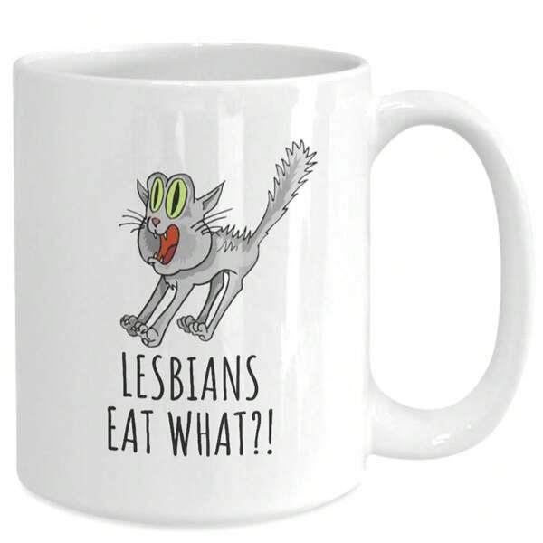 Tailorly White Ceramic 11 oz Mug - Lesbians Eat What Funny Scared Grey Cartoon Feline With Surprised Expression And Wide Eyes Cat