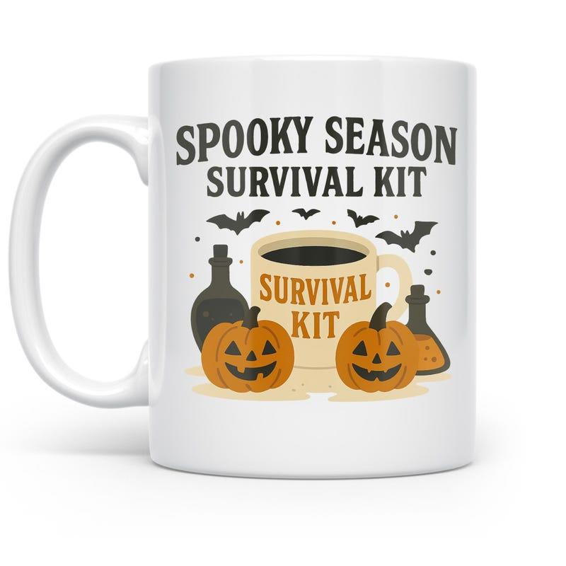 Tailorly White Ceramic 11 oz Mug - Spooky Season Survival Kit Halloween Theme Featuring Bats Potions And Smiling Jack O Lantern Pumpkin