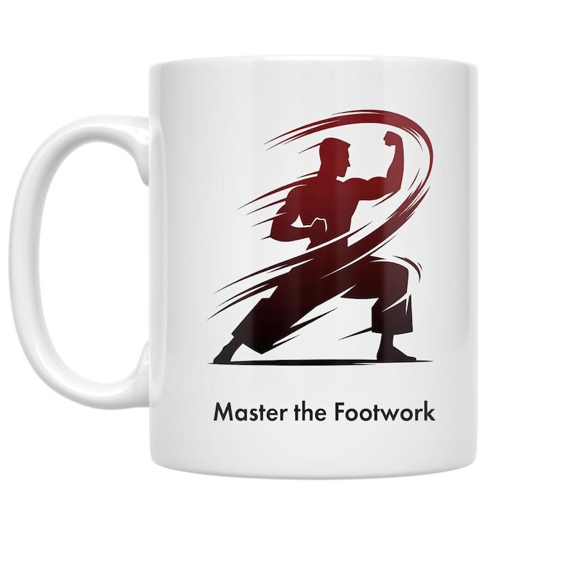 Tailorly White Ceramic 11 oz Mug - Master The Footwork Silhouette Of Martial Artist Moving With Powerful Dynamic Red Swirls Fighter
