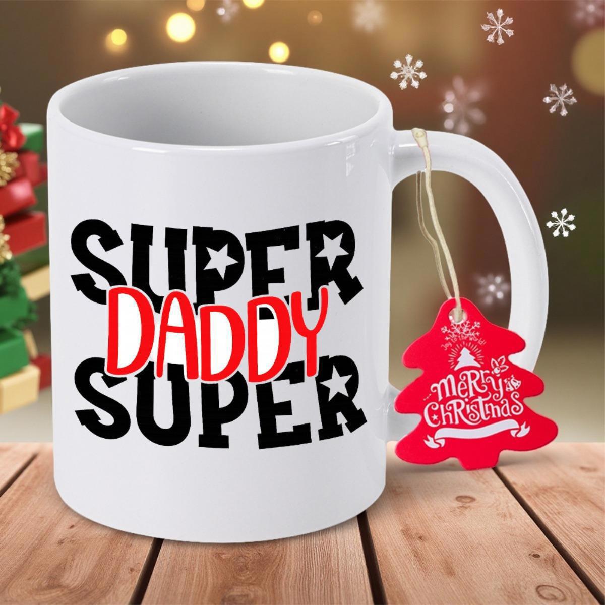 Tailorly White Ceramic 11 oz Mug - Super Daddy Super Bold Block Characters With Embedded Stars And Flowing Red Script Typography