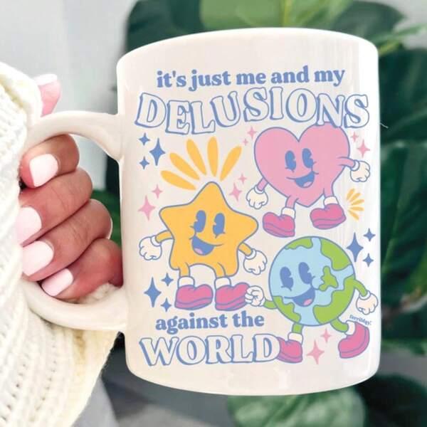 Tailorly White Ceramic 11 oz Mug - Its Just Me And My Delusions Against The World Retro Cartoon Characters With Smiling Heart Star And Globe Icons Under Sparkles