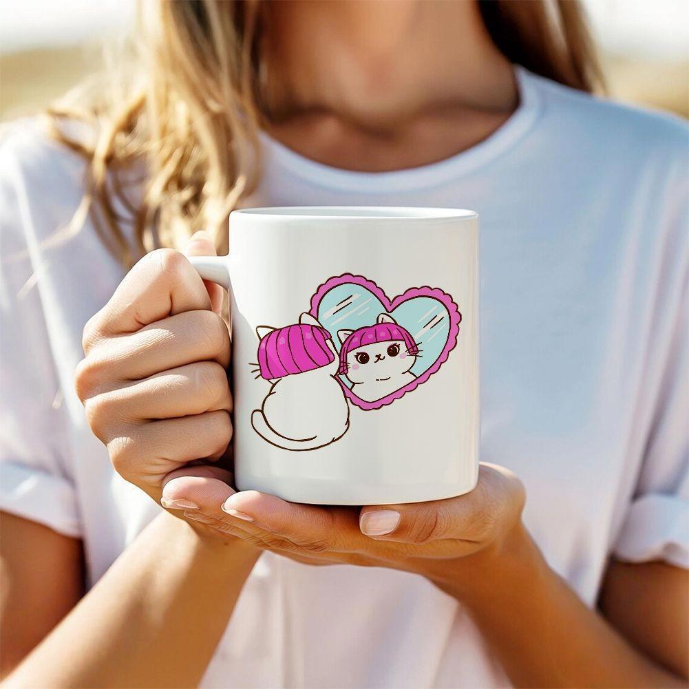 Tailorly White Ceramic 11 oz Mug - Adorable White Cat With Pink Hair Reflecting In Heart Shaped Mirror Cat