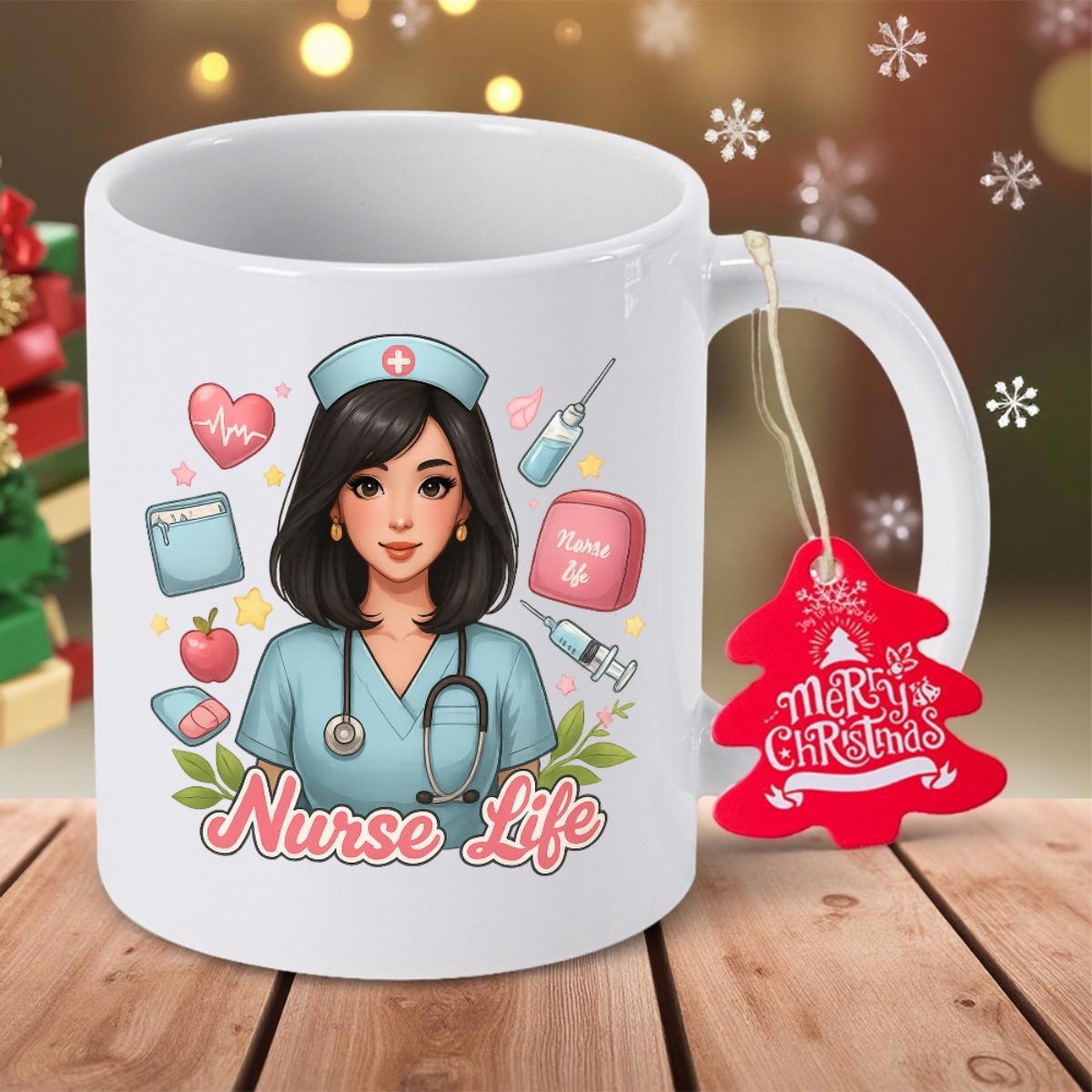 Tailorly White Ceramic 11 oz Mug - Nurse Life Beautiful Cartoon Nurse Surrounded By Heart Medical Icons And Leaves Nurse
