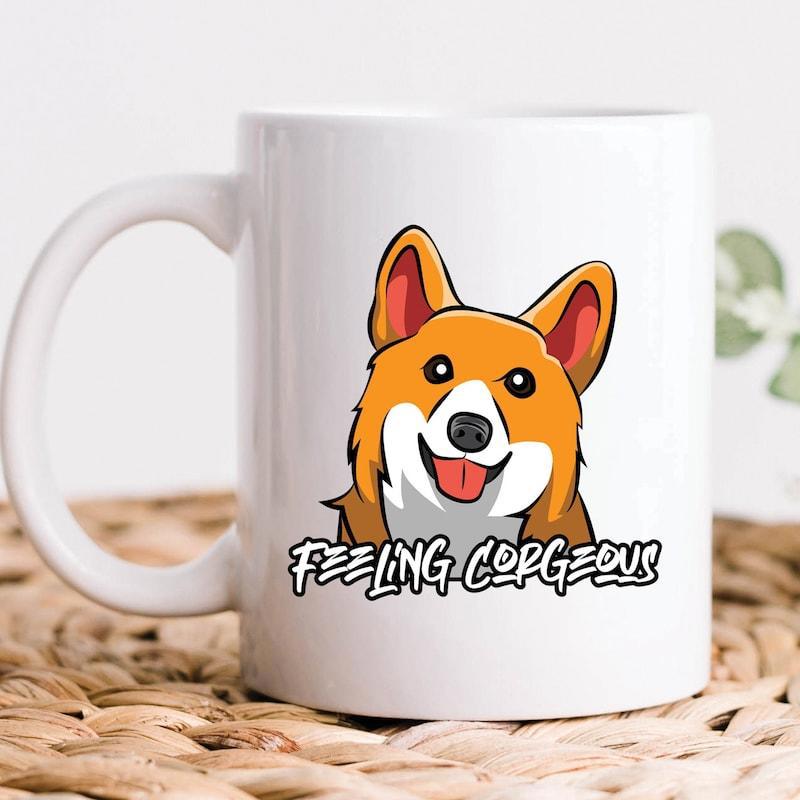 Tailorly White Ceramic 11 oz Mug - Feeling Corgeous Adorable Smiling Cartoon Dog With Pointy Ears And Playful Tongue Out Corgi