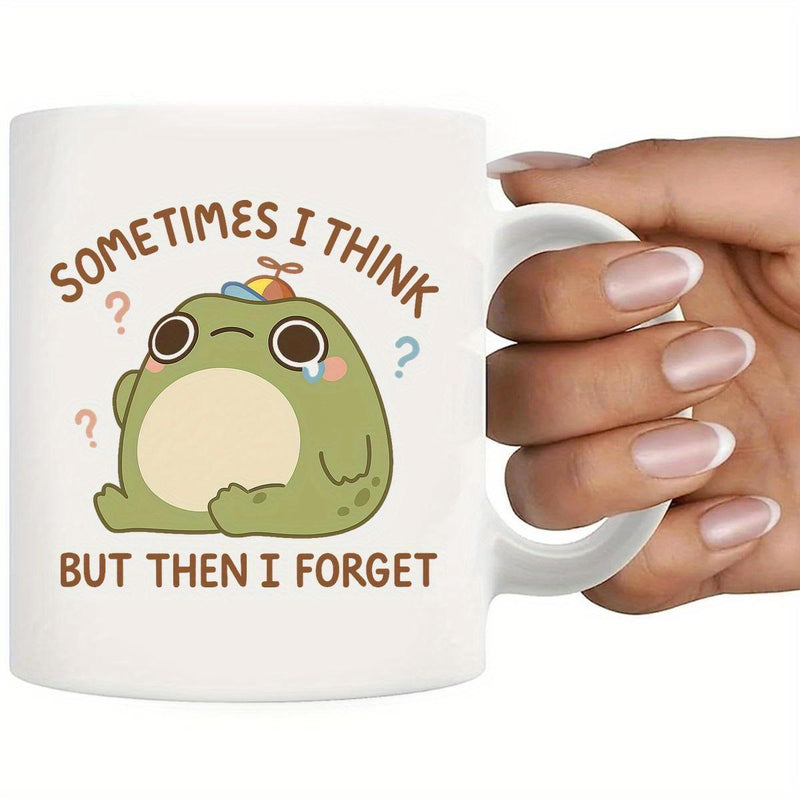Tailorly White Ceramic 11 oz Mug - Sometimes I Think But Then I Forget Funny Green Round Cartoon Creature Wearing A Tiny Propeller Hat Frog
