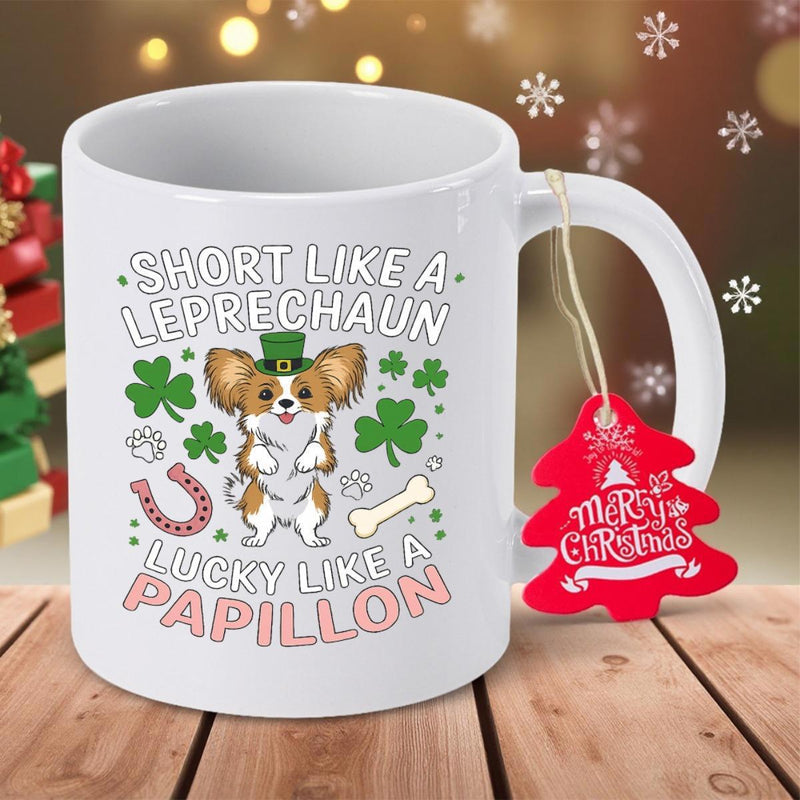 Tailorly White Ceramic 11 oz Mug - Short Like A Leprechaun Lucky Like A Papillon Cute Cartoon Dog Wearing Green Hat Among Green Shamrocks Papillon