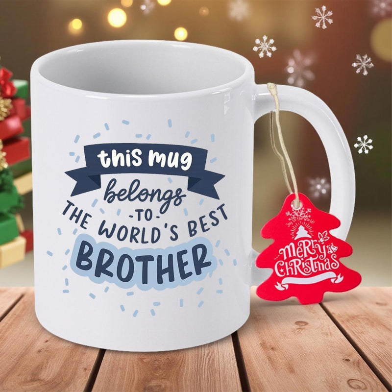 Tailorly White Ceramic 11 oz Mug - This Mug Belongs To The Worlds Best Brother Merry Christmas Simple White Ceramic Cup Featuring Decorative Blue Banners And