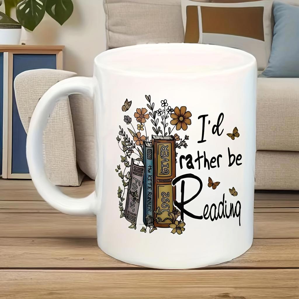 Tailorly White Ceramic 11 oz Mug - Id Rather Be Reading Stacked Vintage Hardcover Books Surrounded By Wild Flowers And Butterflies Book