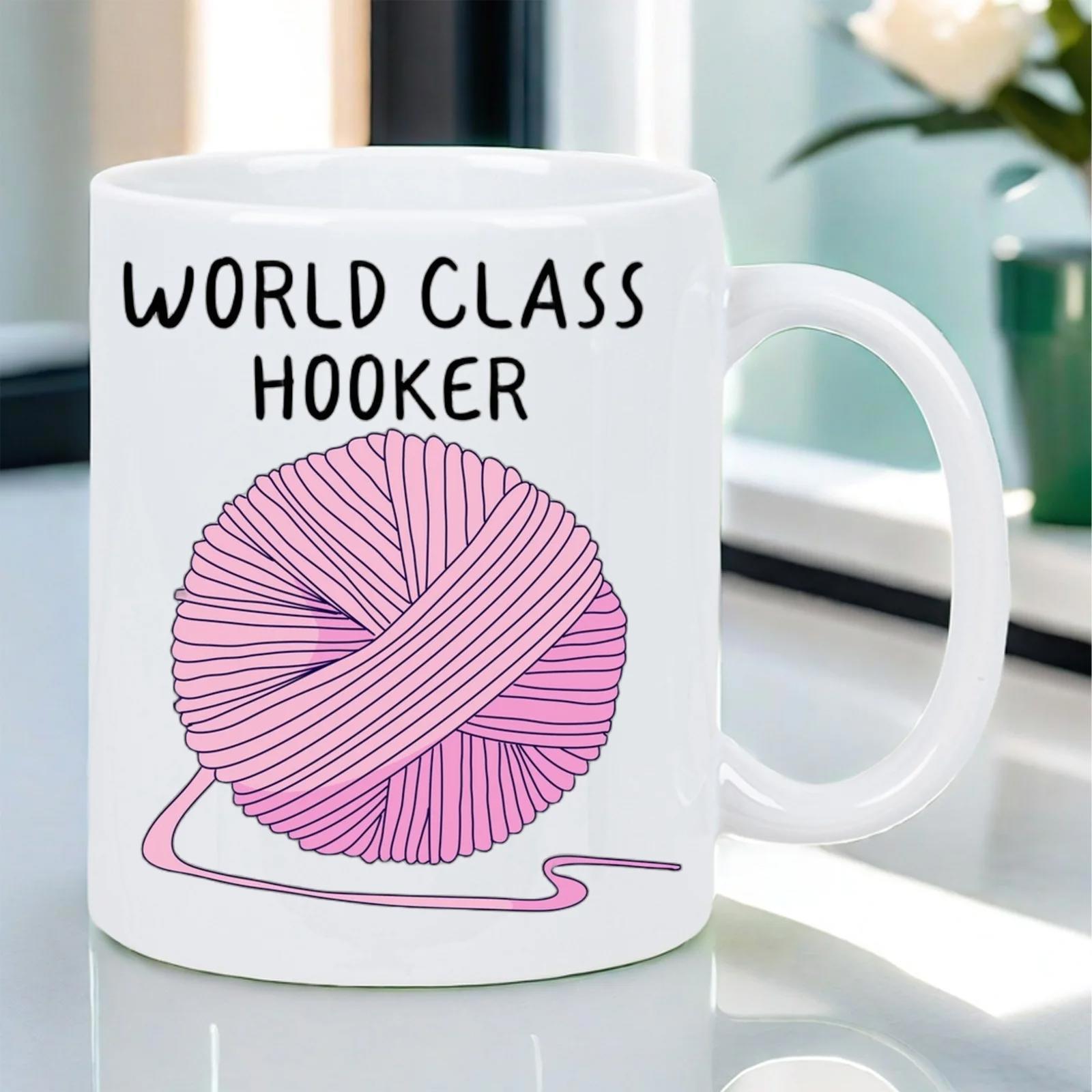 Tailorly White Ceramic 11 oz Mug - World Class Hooker Soft Pink Ball Of Yarn With Curving Thread Yarn