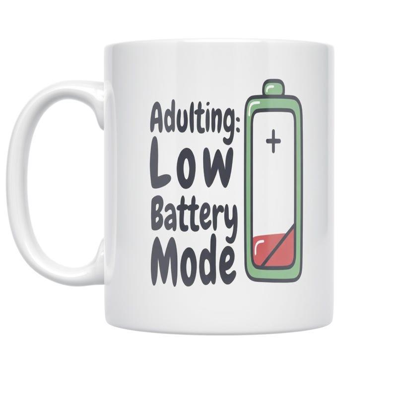 Tailorly White Ceramic 11 oz Mug - Adulting Low Battery Mode Cartoon Style Battery Icon With Low Red Power And Green Border Battery