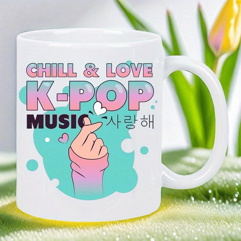 Tailorly White Ceramic 11 oz Mug - Chill Love K Pop Music Vibrant Pastel Background With Artistic Finger Heart Gesture And Floating Bubbles Hand