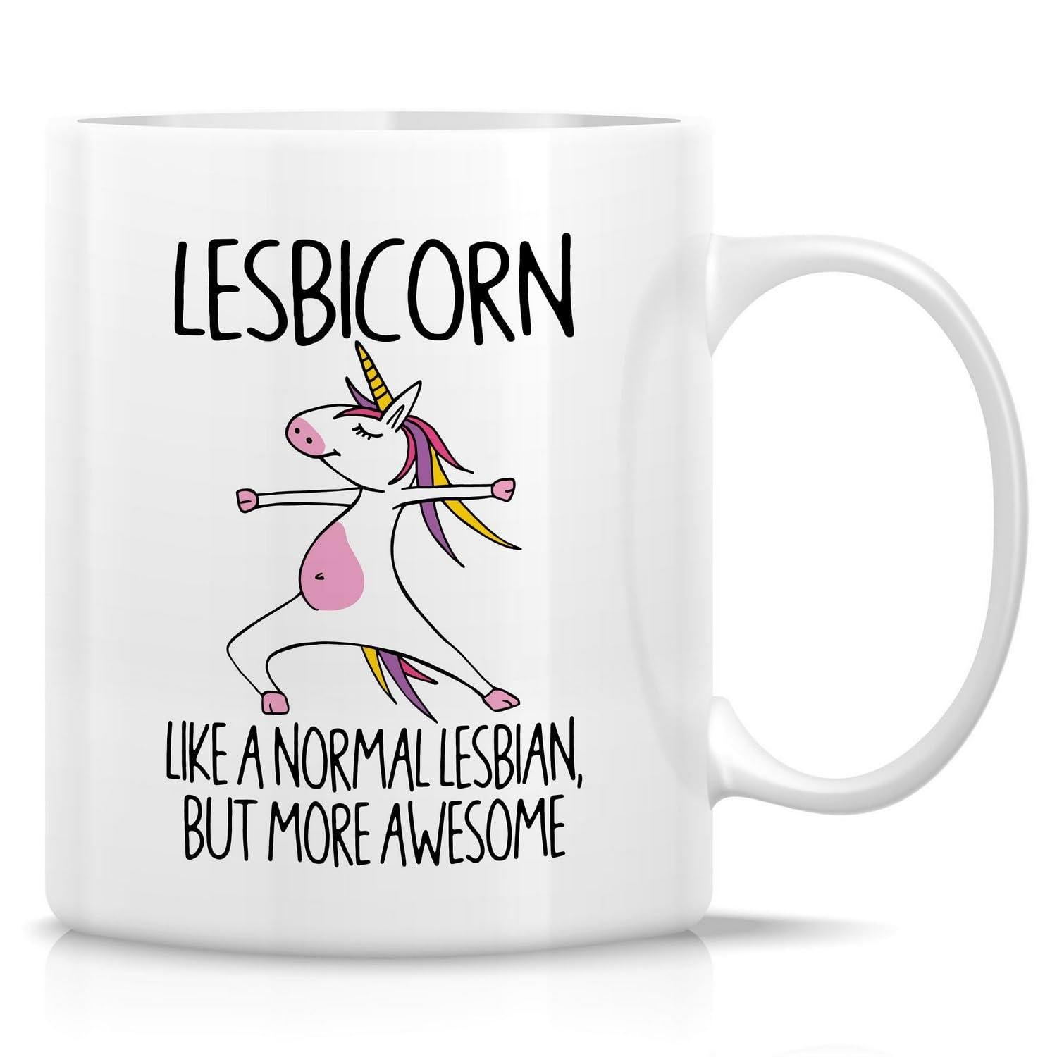 Tailorly White Ceramic 11 oz Mug - Lesbicorn Like A Normal Lesbian But More Awesome Magical Cartoon Creature Doing Yoga Pose With Vibrant Rainbow Mane Unicorn