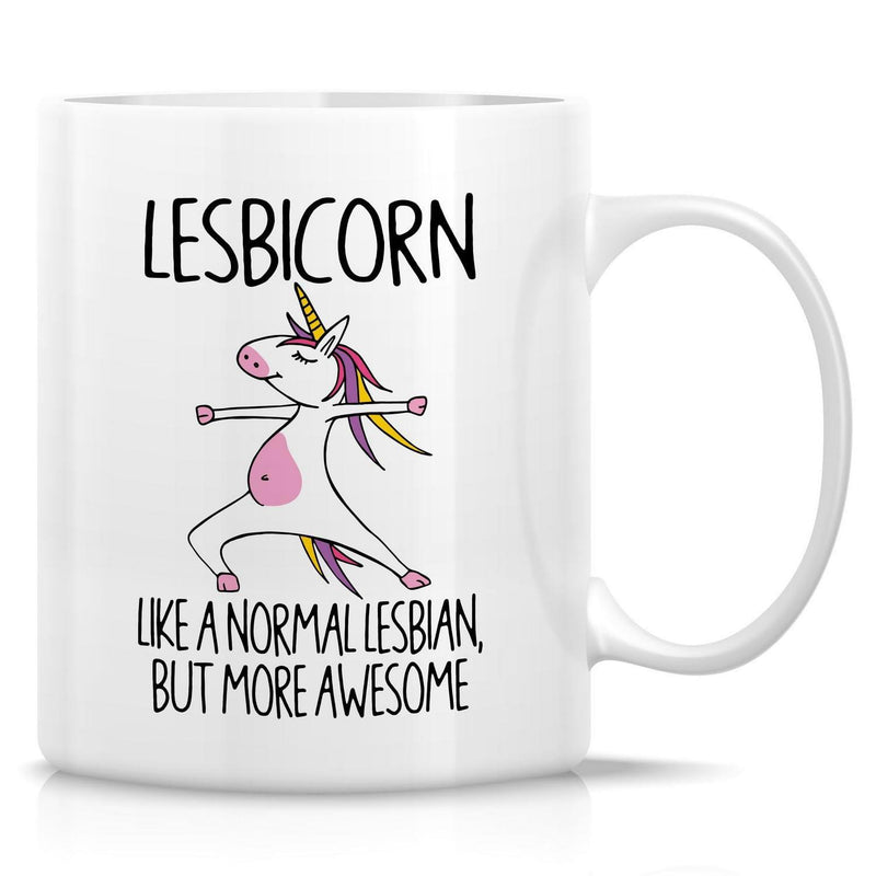 Tailorly White Ceramic 11 oz Mug - Lesbicorn Like A Normal Lesbian But More Awesome Magical Cartoon Creature Doing Yoga Pose With Vibrant Rainbow Mane Unicorn