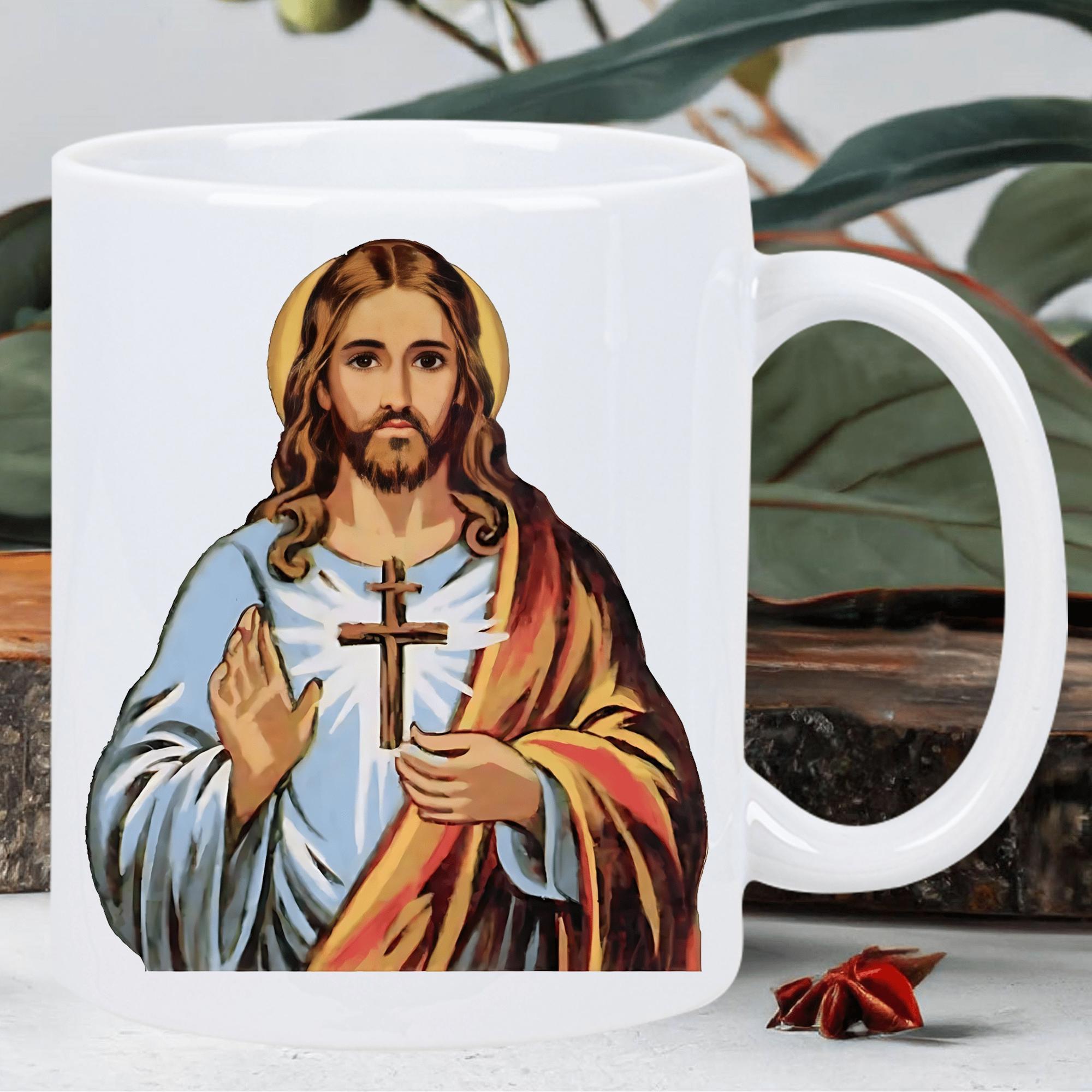 Tailorly White Ceramic 11 oz Mug - Sacred Portrait With Divine Halo Wearing Blue And Gold Robes Holding Cross Jesus